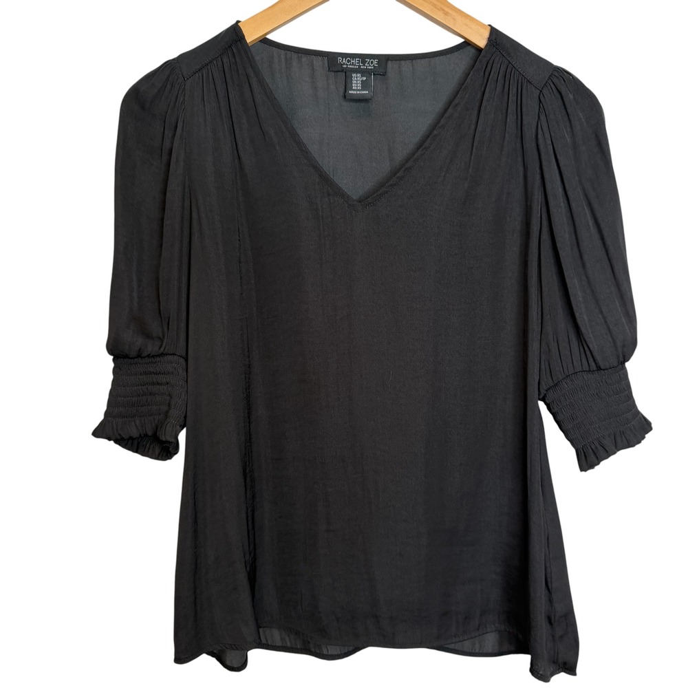 Rachel Zoe Women Black V-Neck Puff Sleeve Smocked Cuff Blouse Size XS Whimsigoth
